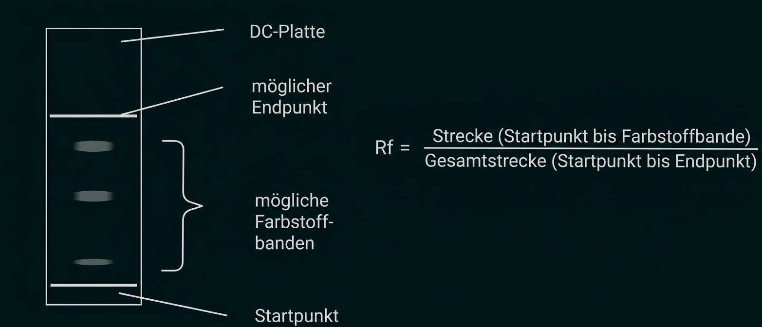 Schematische Darstellung einer DC-Platte mit Startpunkt, Endpunkt, Farbstoffbanden und Rf-Formel.